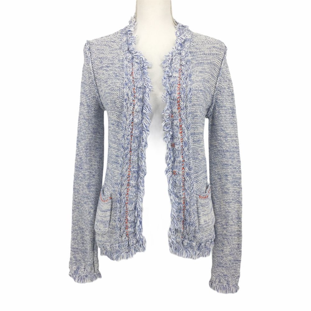 J. McLaughlin Blue White Knit Fringe Cardigan